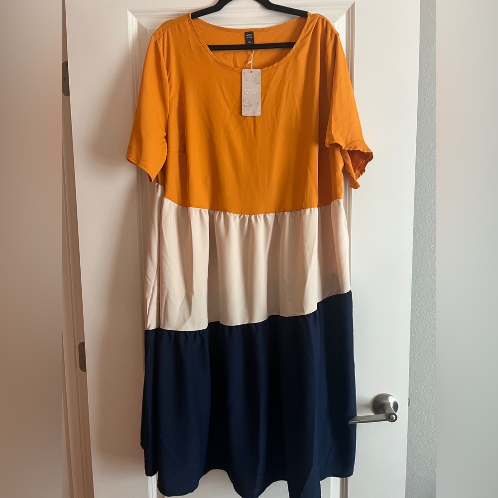 Colorblock Dress in Mustard Yellow, Cream, and Navy